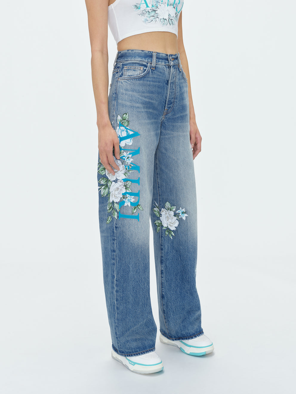 Jeans Amiri Floral Anchos Leg Mujer Azules Claro | 8394-GWDIK